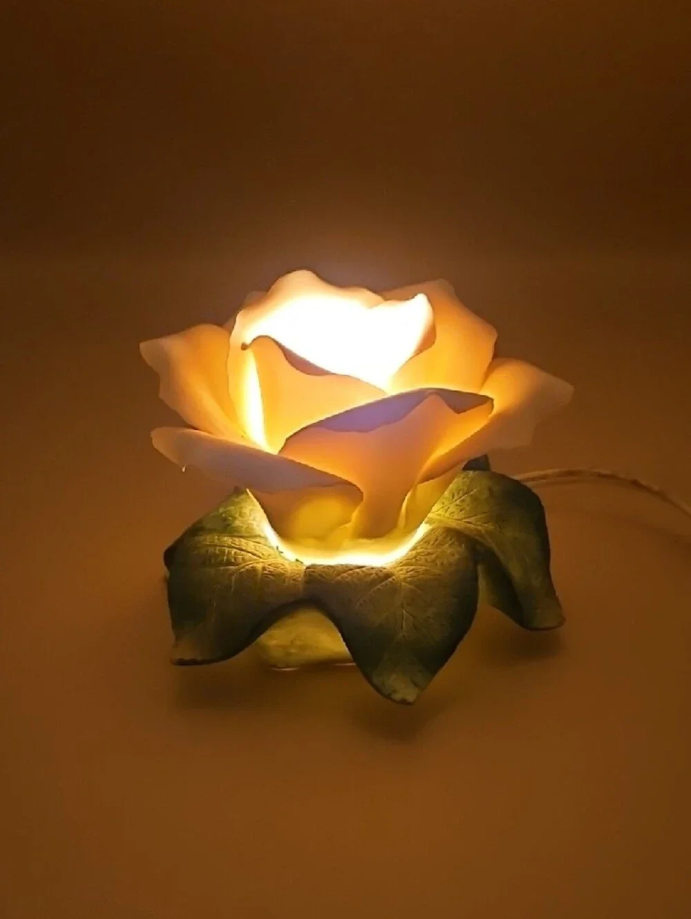 White Rose Night Light with Green Leaf Base